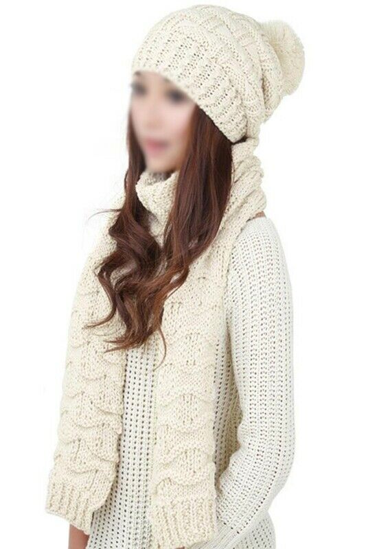 Women's Winter Knitted Scarf and Hat Set Thicken Skullcaps-white A7N8
