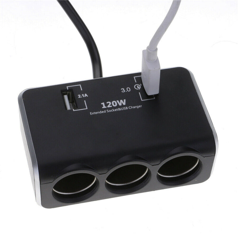 3 Sockets Cigarette Lighter Quick Charge 3.0 Car Charger Splitter Adapter Black