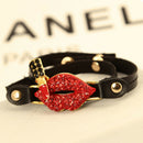 Fashion Lady Double Layer Full Rhinestone Lip Lipstick Leather Bracelet Red