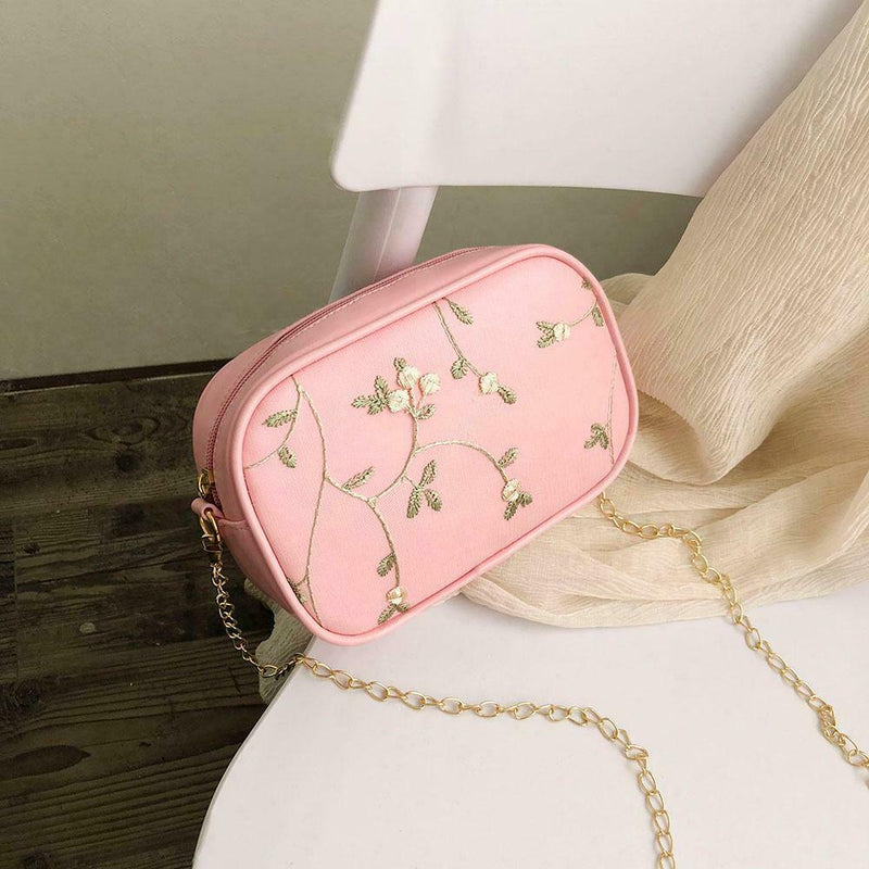 Lace Flower Shoulder Handbags Women Chain PU Leather Crossbody Bags (Pink)