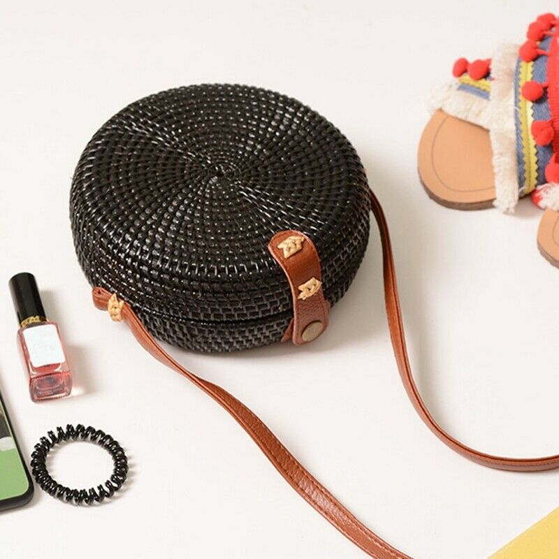 Black Beach Retro Rattan Bag Woven Handmade Ladies Round Sling Straw Bag (CiC1B9