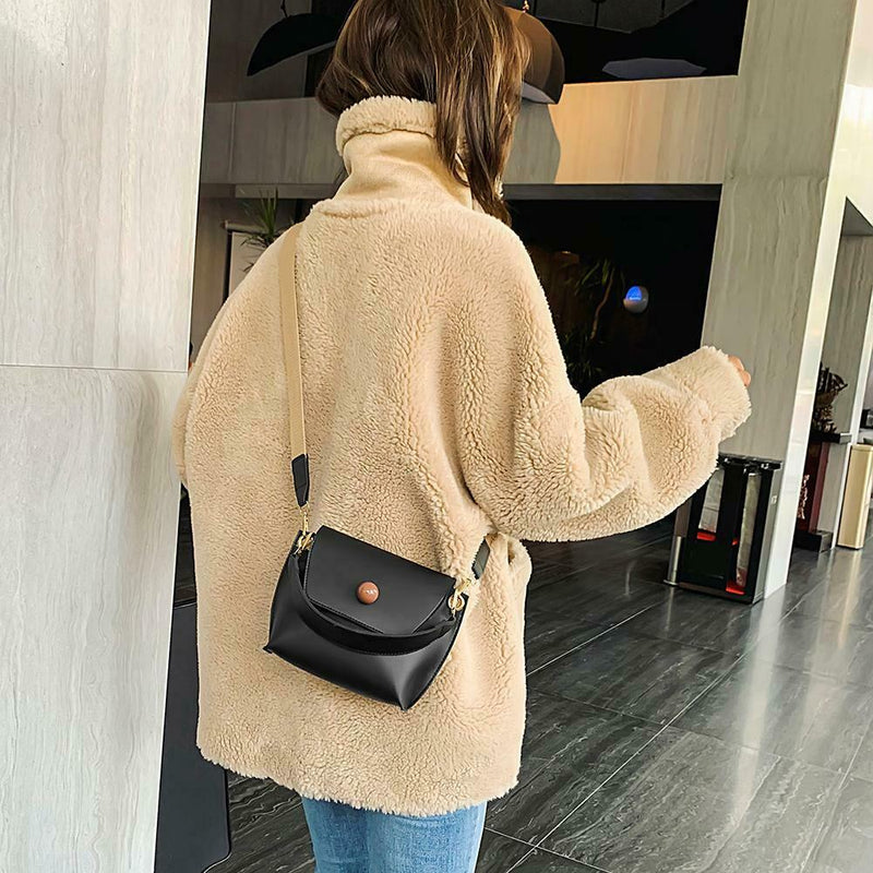 Women Fashion Wide Shoulder Messenger Bag PU Leather Retro Handbag (Black) A