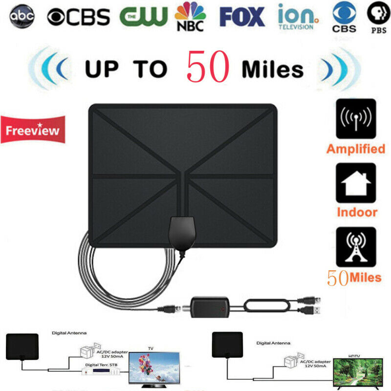 Flat Indoor Digital TV Antenna 50 Mile Range Signal Booster Amplifier H NDN