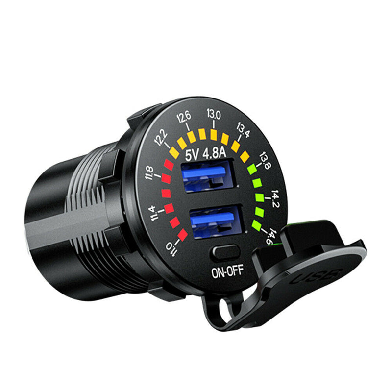 Car Motorcycle Dual USB Charger 4.8A USB Power Socket with Switch + Wires A