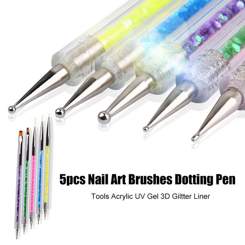 5pcs/Set Nail Art Painting Pens Acrylic Rhinestone Handle UV Gel Dotting Brushes