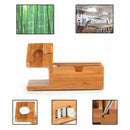 Bamboo Charging Charger Station Dock Stand Holder With 3 Usb Hub Port Cable
