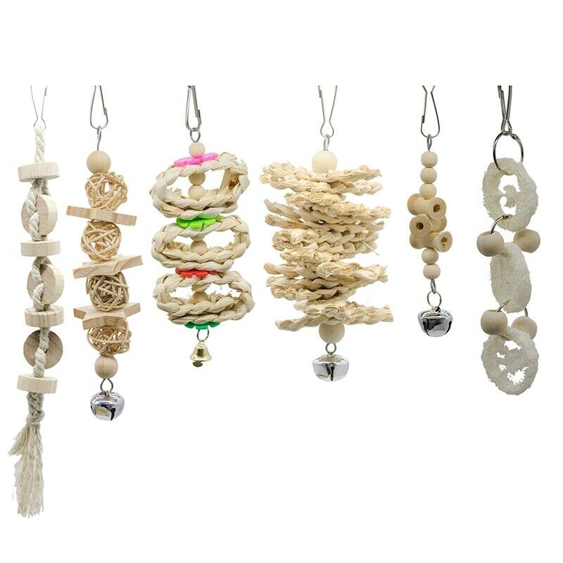 7 Packs Bird Parrot Swing Chewing Toys- Natural Wood Hanging Bell Bird Cage