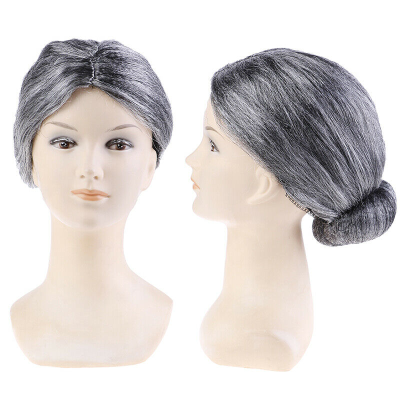 Old Lady Grandma Granny Grey Wig Bun Hair Grand Mother Fancy Dress Costume FT