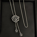 Black Rose Flowers Long Necklace Sweater Chain Crystal Women Jewelry Gift