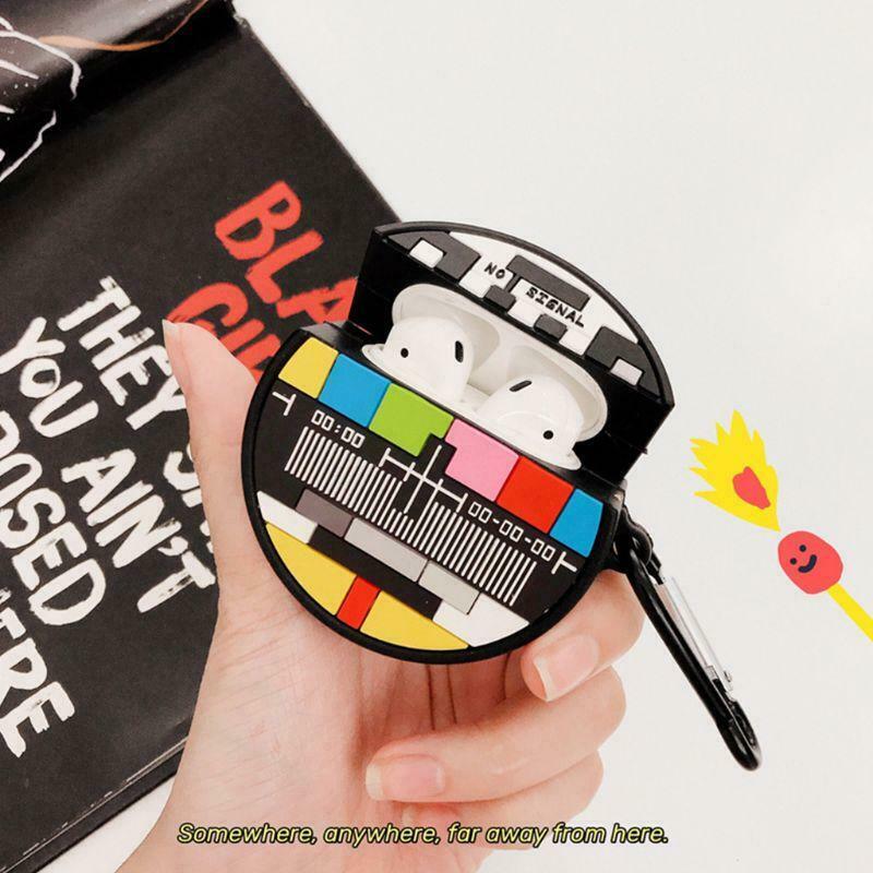 No Signal Pattern Protective Case Silicone Cover with Carabiner for Airpods 1/2