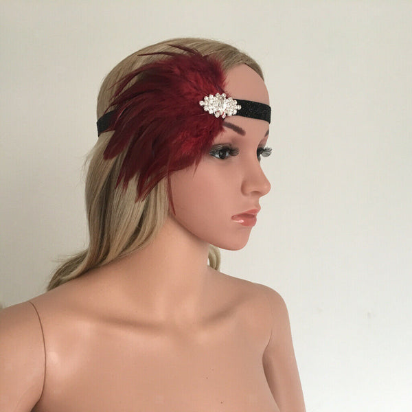 Woman Elastic Feather Headband 20s  Party Rhinestone Hair Accessories