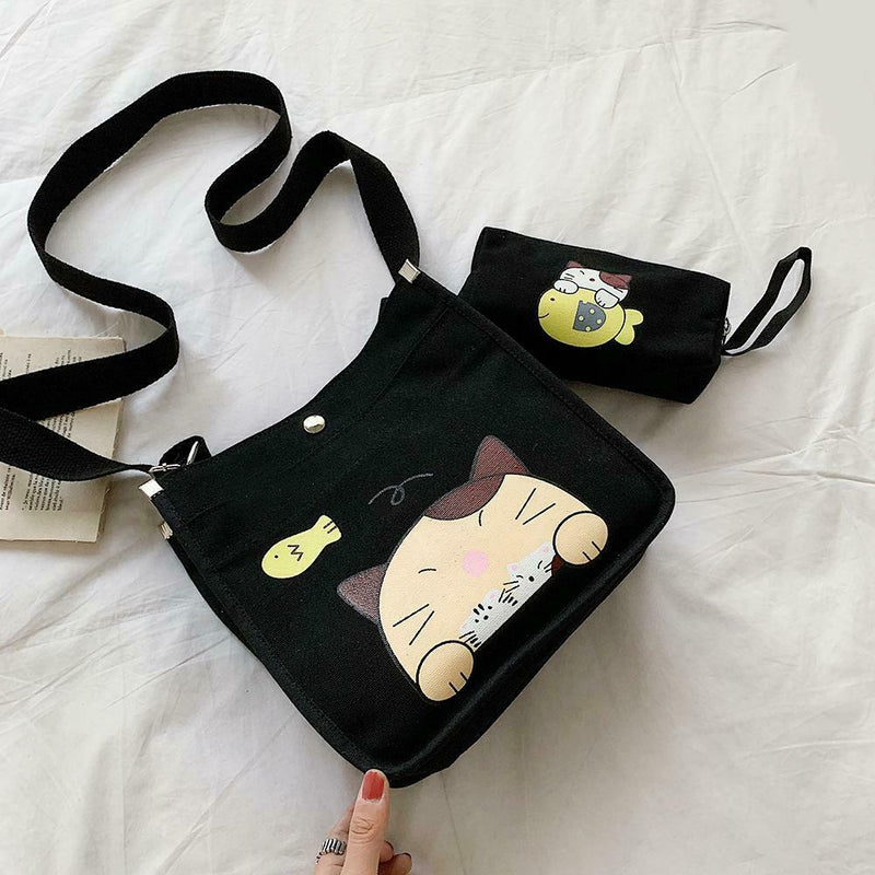 2pcs/set Women Canvas Cat Print Shoulder Crossbody Handbags Pen Bag (Black)