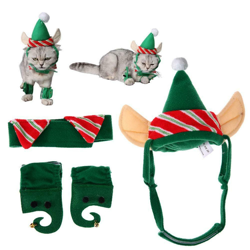 4pcs Pet Hat Set Warm Dogs Cats Christmas Green Hat+Necklace+Feet Sleeve