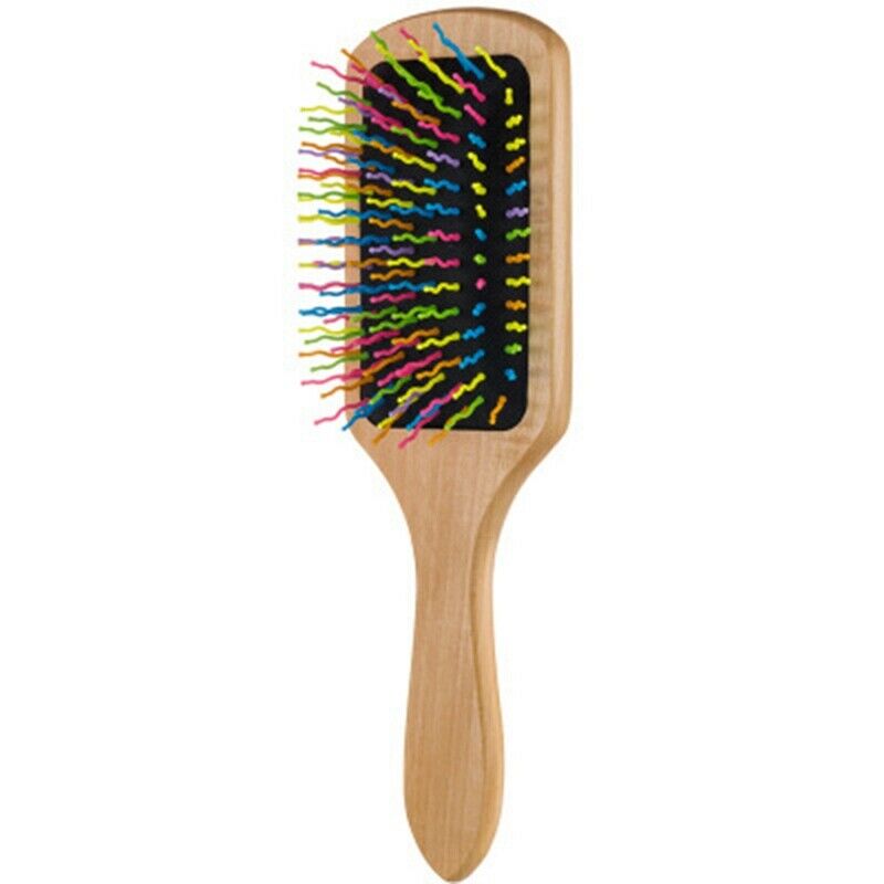 Natural Wooden Hair Brush, Natural Rainbow Wooden Paddle Hair Brush M2S6