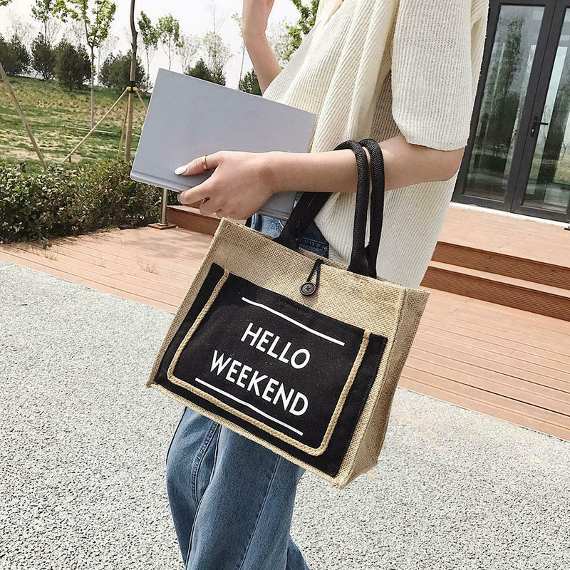 Women Linen Tote Casual Shoulder Bags Fashion Lady Print Handbags (Black S) A