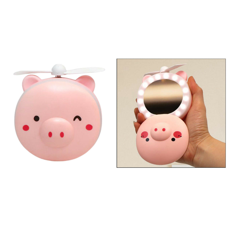 3in1 Cartoon Pig Shape Mini Makeup Mirror Fan Light Hand Held General Purpose
