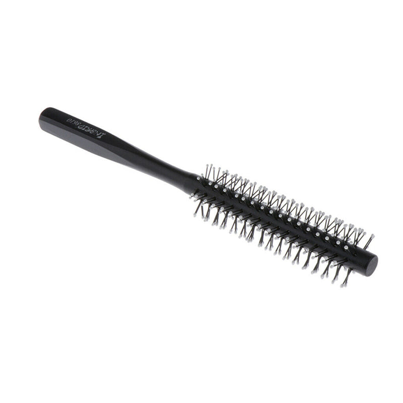 1 Piece Small Mini Round Hair Brush Nylon Bristles, Black Long Wood Handle Hair