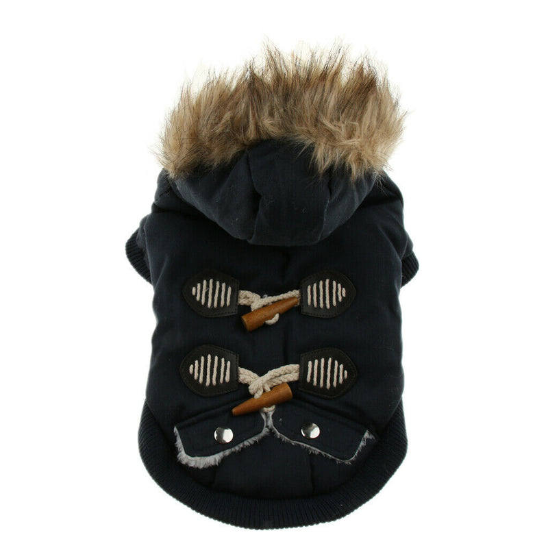 Autumn Winter Pet Dog Horn Buckle Hooded Pocket Thick Warm Coat Blue