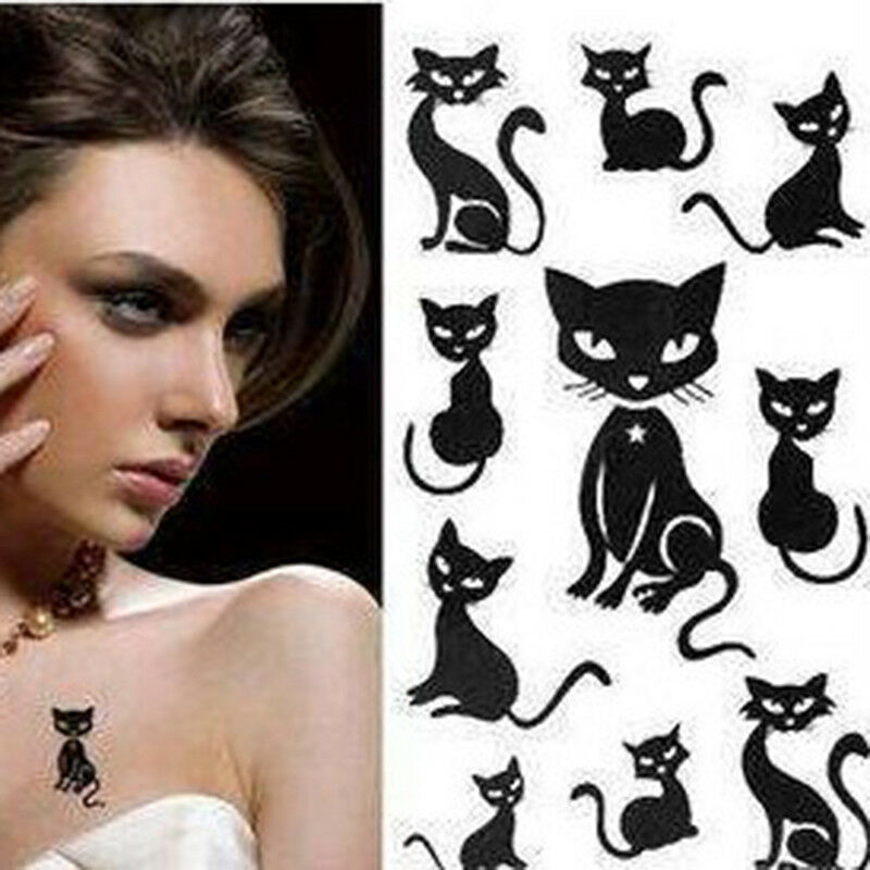 10PcsSmall Black Cat Waterproof Temporary Tattoos Body Arts FlashTattoo Stick Kw