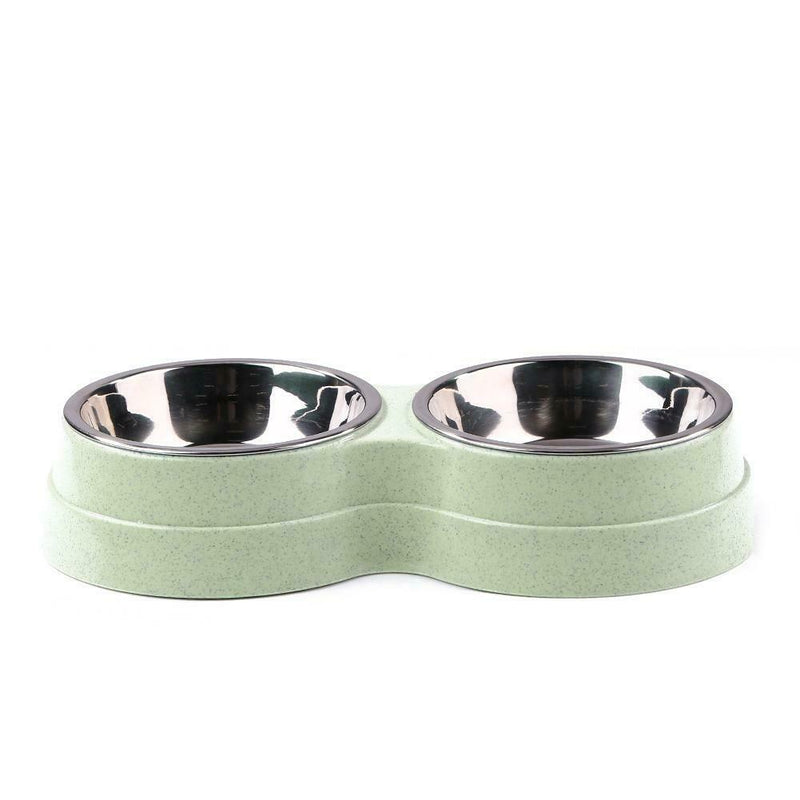 Dog Double Bowl Puppy Food Feeder Stainless Steel Pet Drinking Dish (Green) A