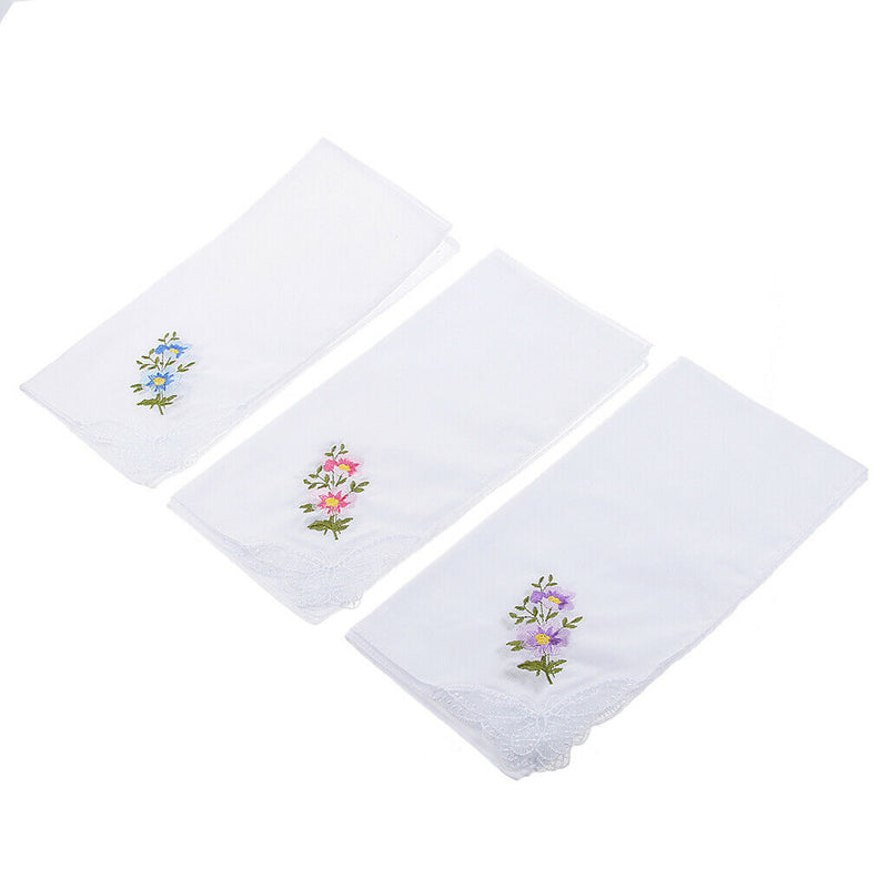 12pack Women 100% Cotton Handkerchief Embroidery Lace Hanky Kerchiefs White