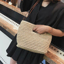 Women Summer Weave Straw Beach Shoulder Bucket Handbags Tote(Beige)