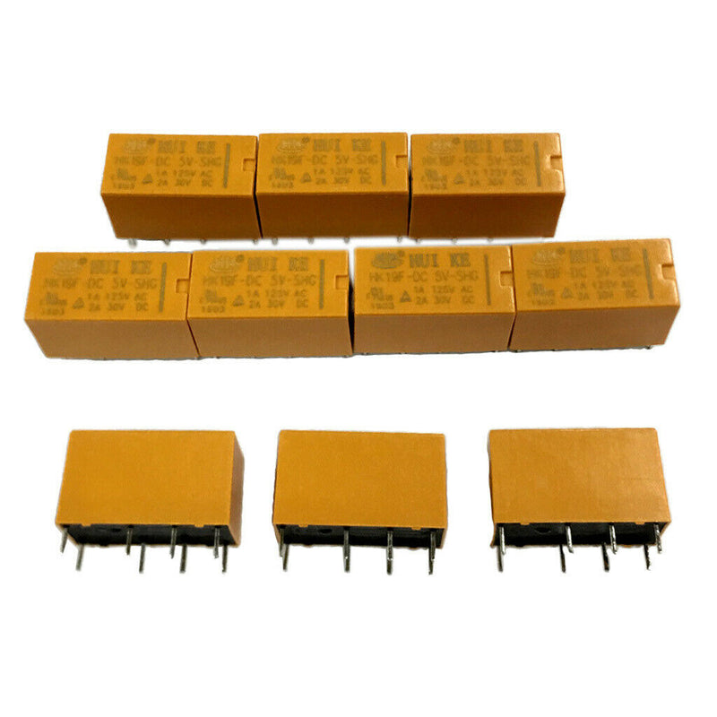 10 Pcs DC5V Coil 8-Pins Mini Power Relays PCB Type HK19F-DC5V-SHG Relay Yellow