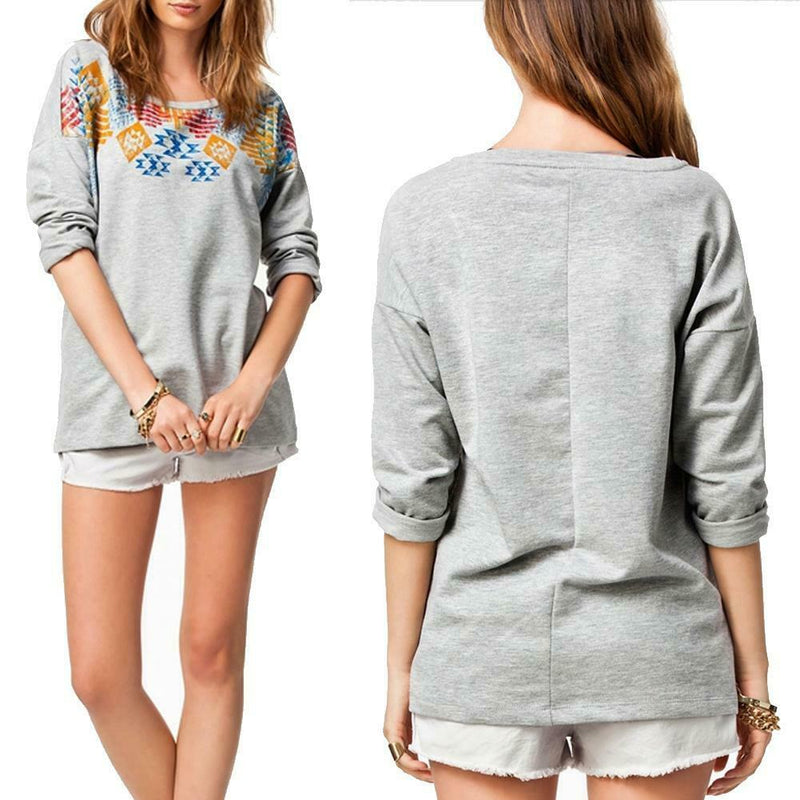 Women New Printed Long Sleeve Round Neck Loose T-shirt Casual Blouse XL