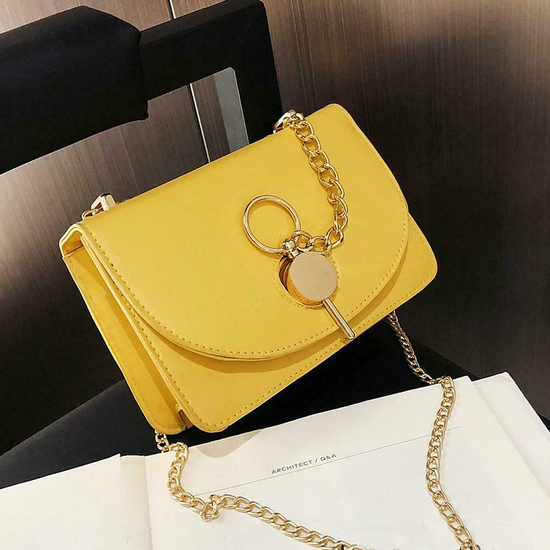 Fashion Women Messenger Bag Leather Pure Color Chain Shoulder Bag (Yellow)