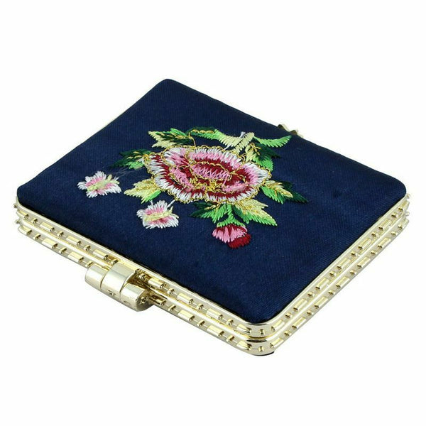 Navy Blue Rectangle Flowered Chinese Decorative Mirror I8D7
