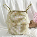 Straw Basket Flower Pot Natural Woven Tote Belly Basket with Handle Folding