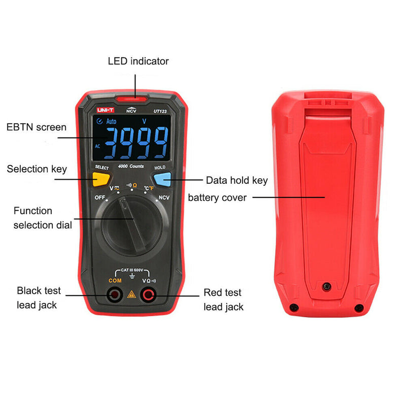 UT123 Digital Multimeter Safe EBTN Screen Auto Range Data Hold Voltage Tester