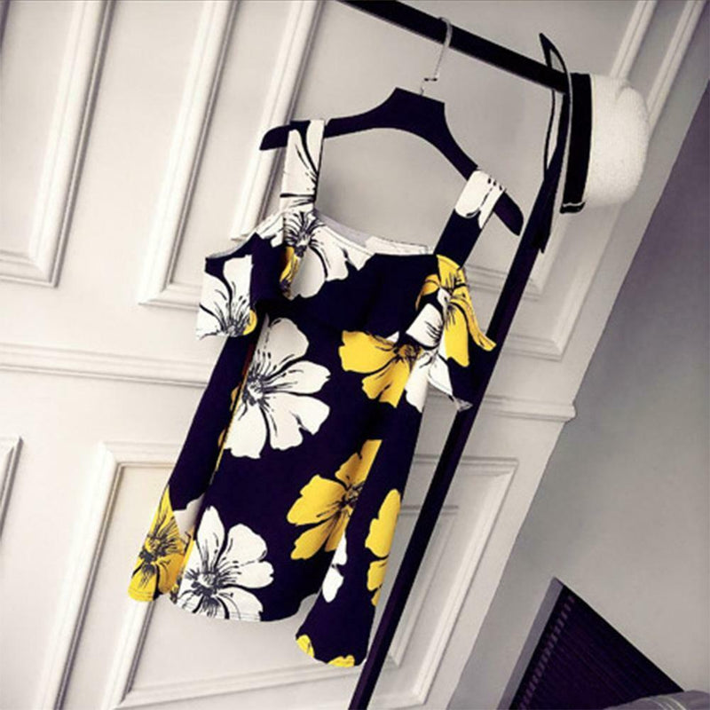 Fashion Floral Print Dress Women Summer Square Collar Ruffle Loose Dresses A