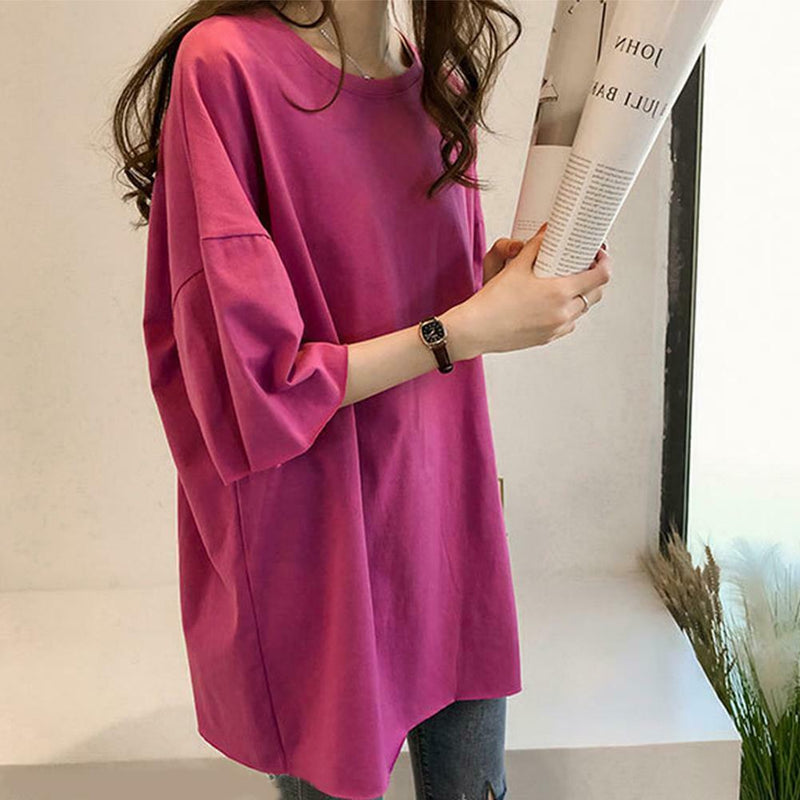 Summer Half Sleeve Long T-shirt Candy Color Loose Women Tops (Rose Red M)