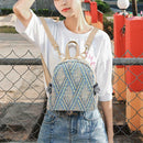 Straw Woven Small Backpacks Women Stripe Print Shoulder School Bags (Blue)