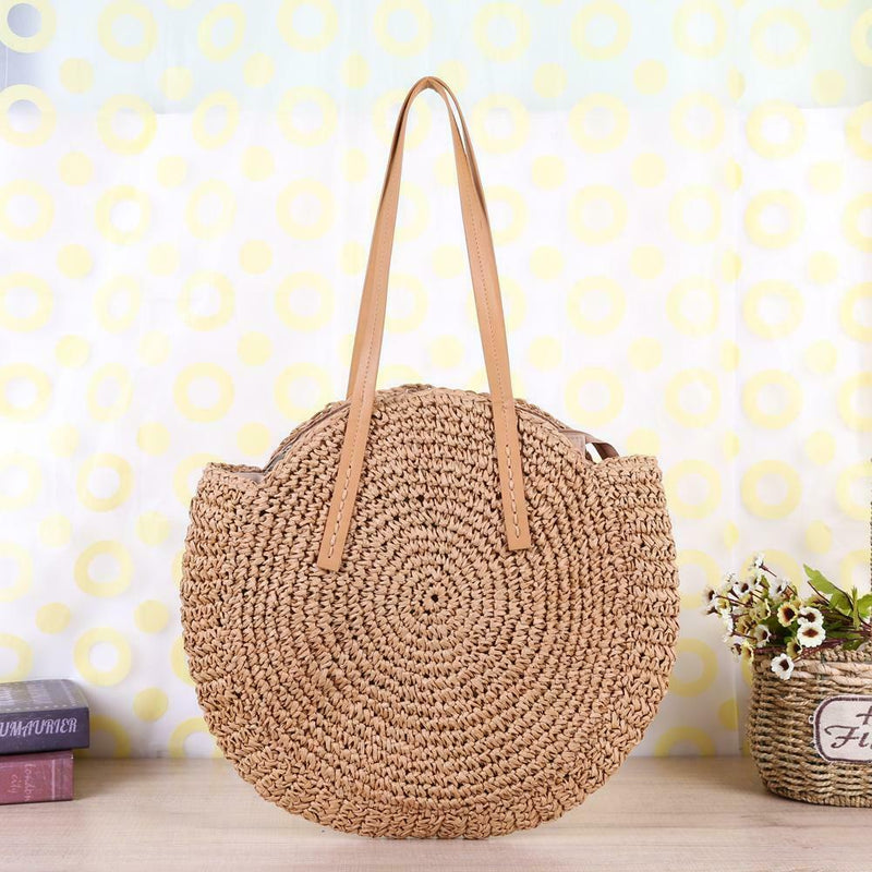 Women Summer Straw Round Shoulder Bags Big Capacity Beach Handbags/Khaki