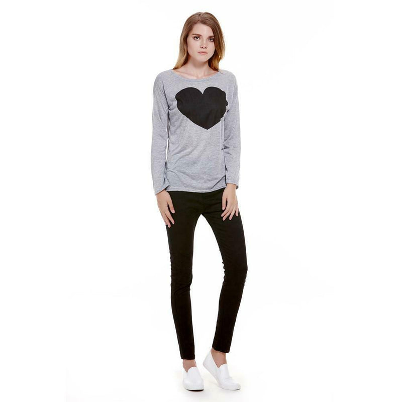 New Women Lady Cute Heart Love Round Neck Long Sleeve Top Tshirt Blouse L