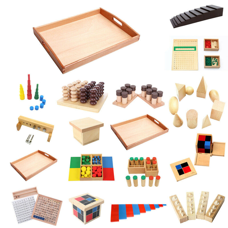 Wooden Big Montessori Rectangle Tray Cubes Beads Toys Holder With Handle