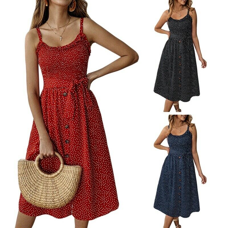Summer Beach Polka Dot Dress Spaghetti Strap Semi-Backless Button Down A-Li U4O4