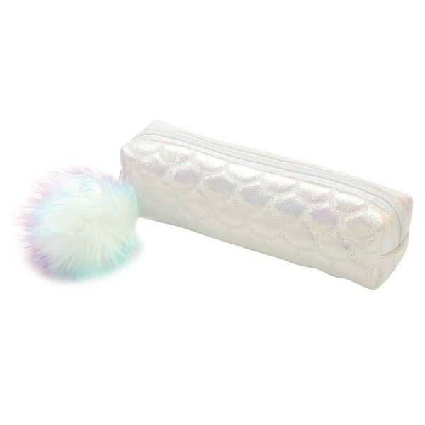 Fish Tail Sequin Pencil Case PU Pompom Pencil Bag School Stationery (White) A#S
