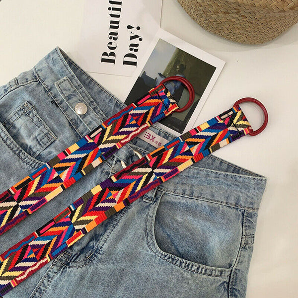 Harajuku Embroidery Panel Canvas Double Ring Buckle Long Belt Women Couples B Gw