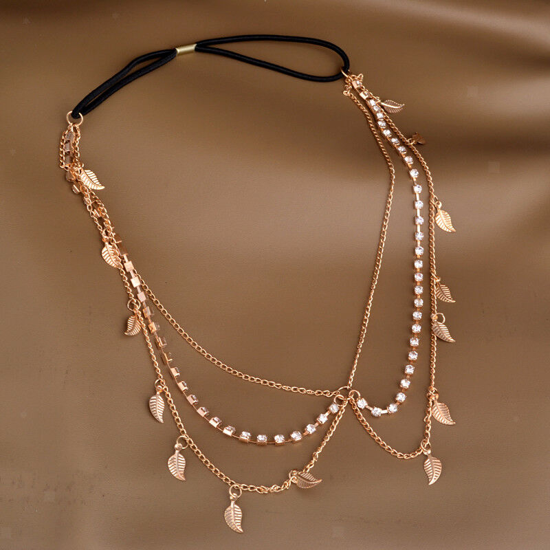 Boho Tassel Crystal Leaf Metal Headband Head Piece Hair Band Chain Jewelry