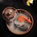 Purple Clay Smoke Backflow Incense Burner Sticks Holder Cone Lucky 2 Cattle Q9Z6