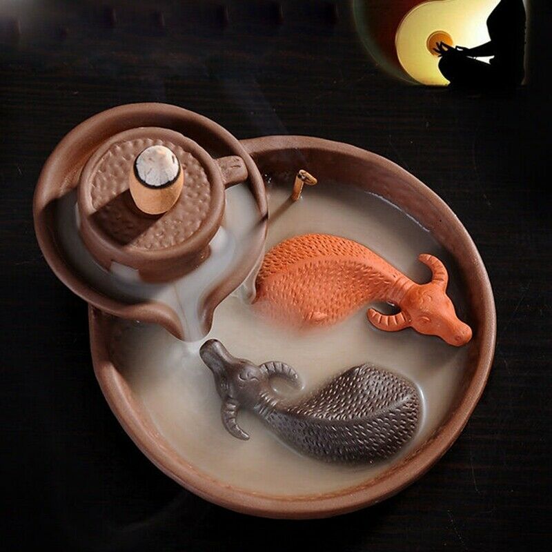 Purple Clay Smoke Backflow Incense Burner Sticks Holder Cone Lucky 2 Cattle Q9Z6