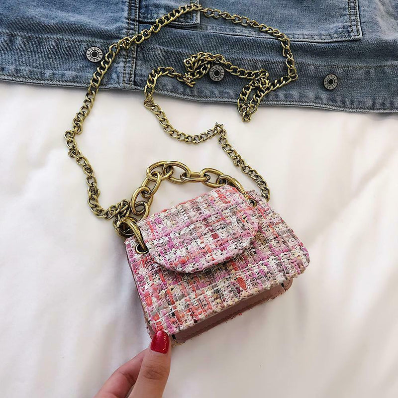 Women Woolen Messenger Shoulder Bags Mini Totes Flap Chain Handbag (Pink)