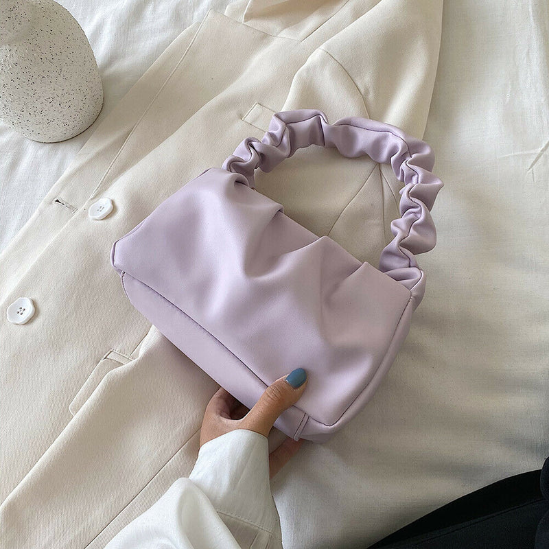 Women Candy Color Shoulder Bags Pleated Ruffle PU Totes Handbag (Purple)