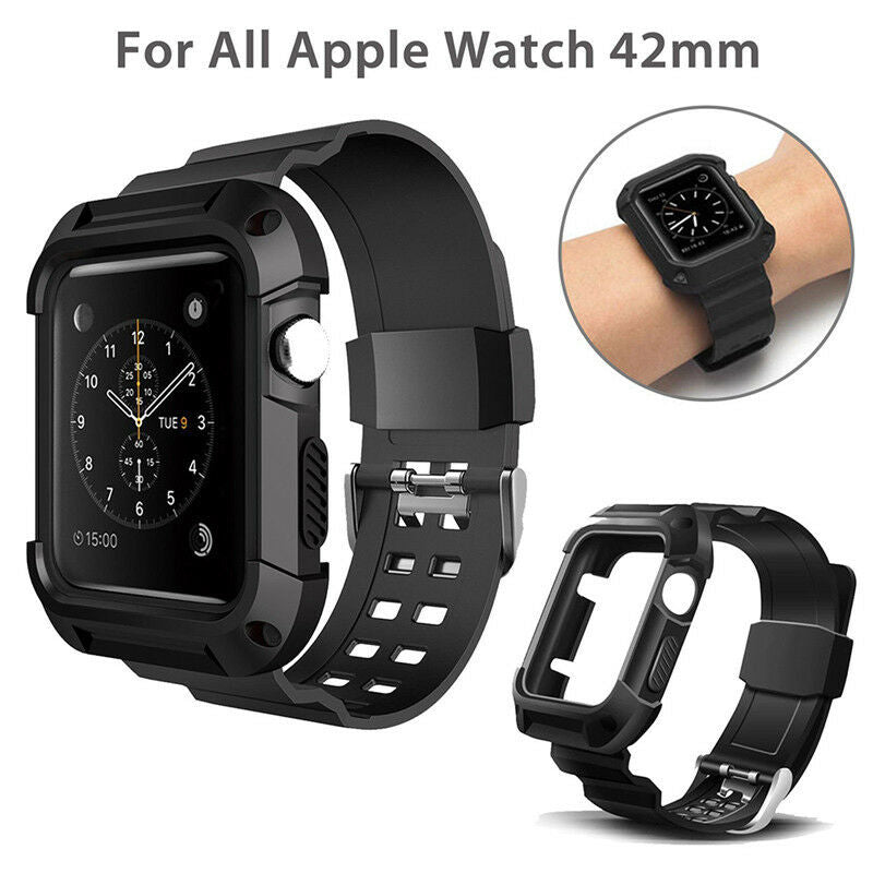 For Watch iWatch 42mm Protective Rugged Case Strap Band Black Series FT