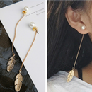 Fashion Korean Simulated Pearls Long Tassel Leaf Feather Dangle Earrings Jewelry