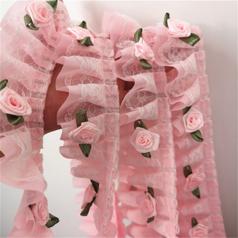 1 Yard/91cm 5cm Pink Rose Flower Ruffle Lace Trim Chiffon Pleated Ribbon Crafts