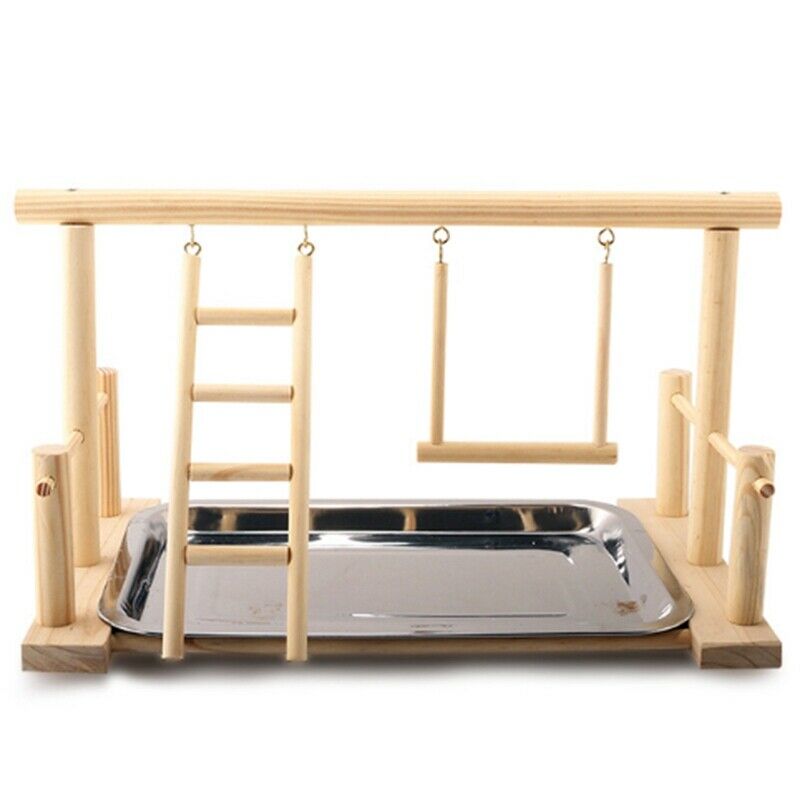 Wood Play Stand and Stainless Steel Tray Pet Bird Frame Station Parrots Pla